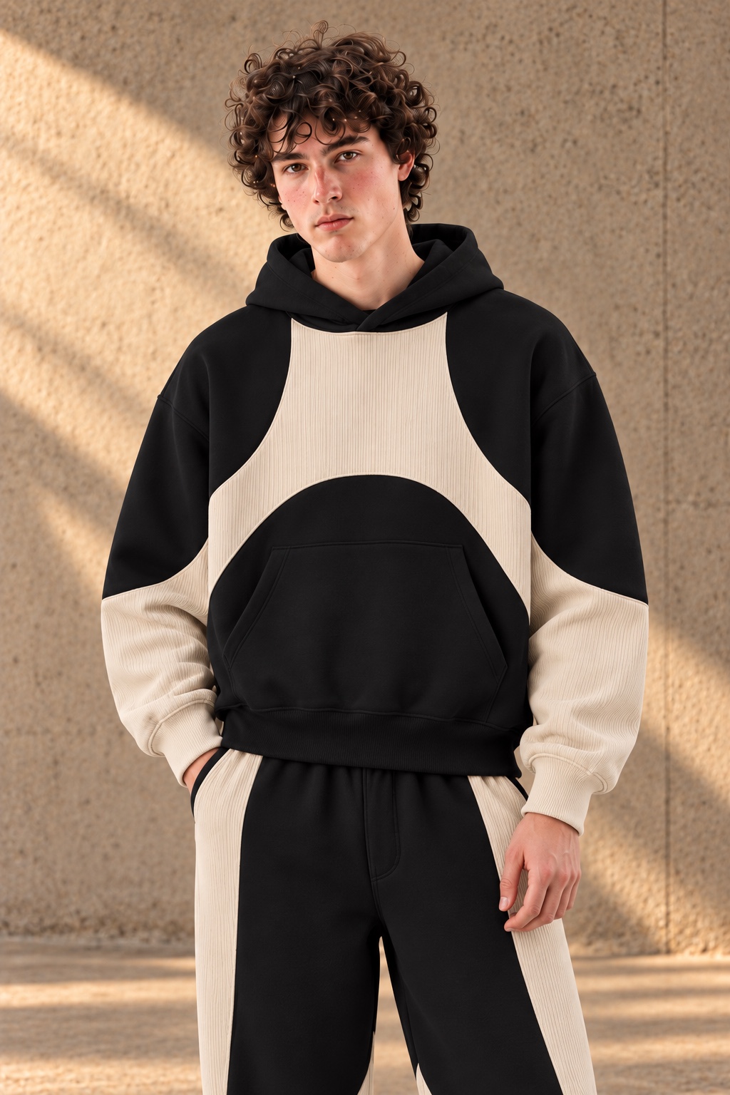 Close-up front view of the black and beige New Aesthetic Co-ord Set hoodie and matching lower