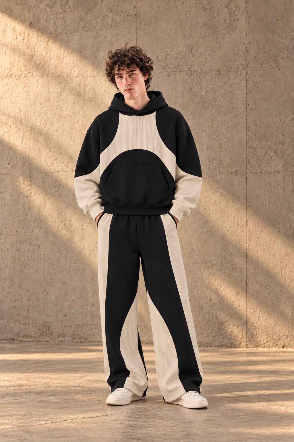 New Aesthetic Co-ord Set in black and beige, complete front view